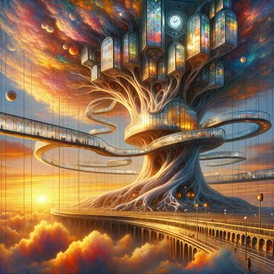 The primary subject of the image is a large, colorful tree with a clock on its side. The tree is surrounded by a variety of smaller trees and houses, creating a lush and vibrant scene. The setting appears to be a cityscape, with the tree towering over the buildings. The visual style of the image is digital art, as it is a detailed and intricate illustration. The colors and mood of the image are bright and cheerful, with a sense of whimsy and creativity.